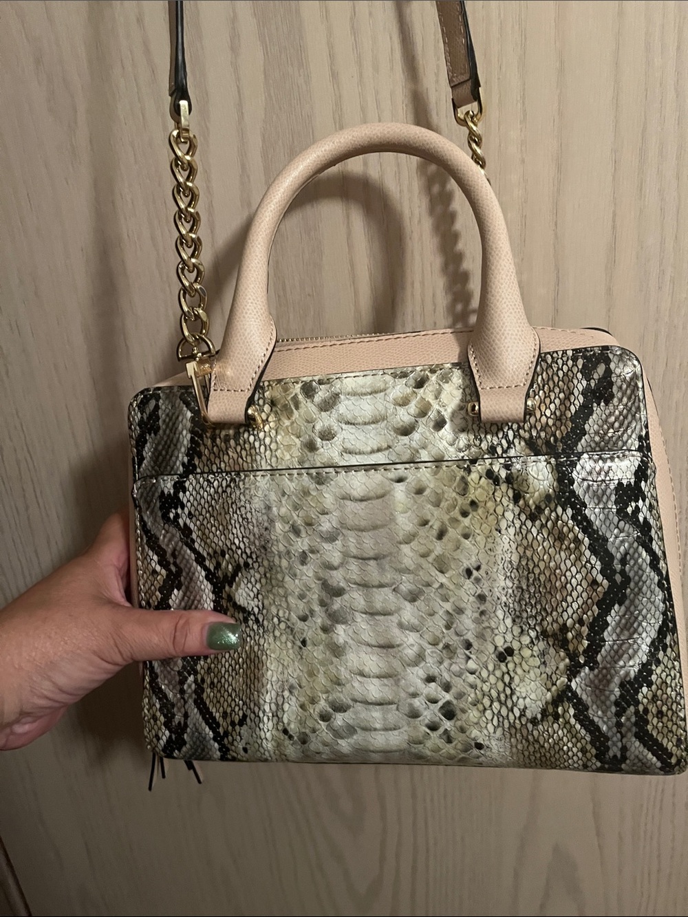 Calvin Klein Blush Beige Python-Print Satchel - Picture 8 of 13